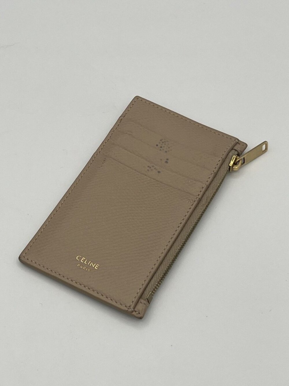 Celine Taupe Grained Calfskin Zip Card Holder Gold Logo Coin Pouch Paris